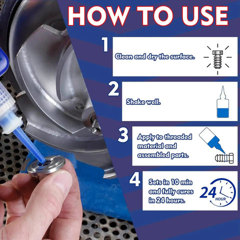 Application steps for Blue And Red Thread Locker Kit For Nuts Bolts And Metal Fasteners, Medium And High Strength.