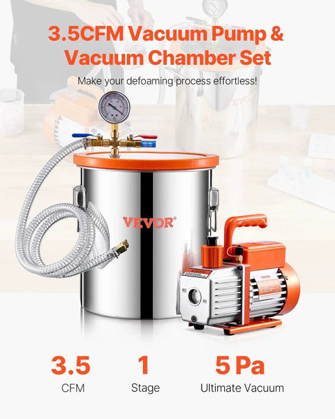Five Gallon Pro-Grade Vacuum Chamber Kit With 3.5 CFM Pump For Resin Degassing, Stainless Steel Chamber, Acrylic Lid, Oil, 4.92 Ft Hose, Single Stage Vacuum System For Epoxy And Silicone Casting VEVOR