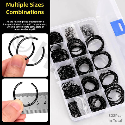 Grab-N-Go Must-Have 322Pcs 14 Size 65Mn Steel Round Wire Snap Rings Kit External Retaining C Clips For Holes M7 Through M30 in box