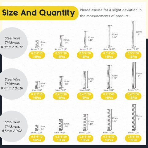 Compression springs kit, 240 pcs, stainless steel, in case; 15 sizes, 4–6 mm OD, 10–50 mm length, 0.3–0.5 mm wire