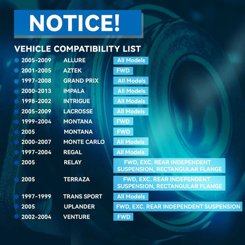 Vehicle compatibility list for Pair Rear Wheel Bearing And Hub Assembly For Fwd Chevy Impala Monte Carlo Buick Allure Regal Lacrosse Pontiac Aztek Trans Sport 5 Lug With ABS Replacement Hubs Easy Install