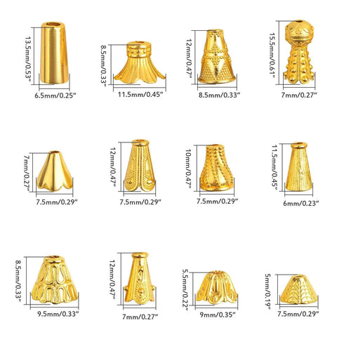 Bright Golden Mixed Flower Spacer Bead Caps Set Alloy Cone Bead Caps Jewelry Findings For DIY Bracelet Necklace Tassel Crafts Decor 100 Gram Pack With About 110 To 150 Pieces Dope For Crafters, various sizes and designs displayed