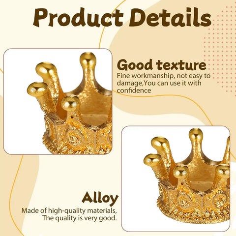 Close-up of gold mini crown charms from 30 Pieces Mini Crown Charms Set For Crafters Mixed Color Vintage 3D Alloy King Crowns Beads Large Hole Spacer Beads For DIY Jewelry Making Necklaces And Bracelets