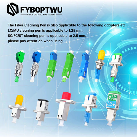 fyboptwu five-pack fiber optic cleaner pens for LC/MU 1.25 mm connectors, assorted colors.