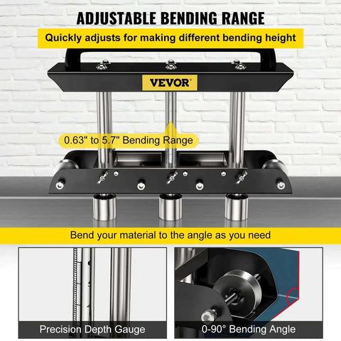 Three Station Edge Roller Bender for Sheet Metal Fabrication, showing adjustable bending range 0.63-5.7 in, with gauge and controls