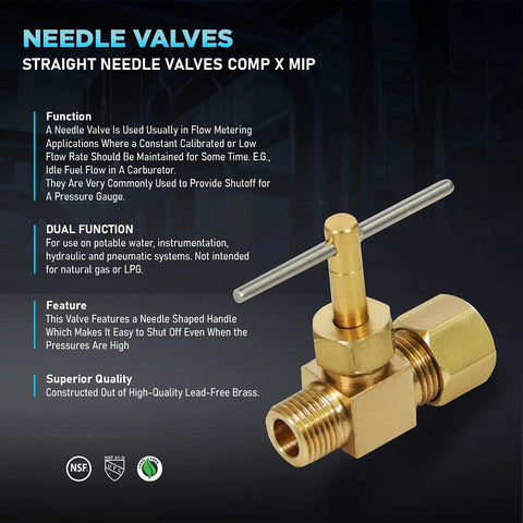 Brass lead-free needle valve with T-handle, 1/4 in compression to 1/8 in MIP, straight valve (side view)
