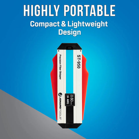 Jonard Tools ST-950 precision fiber optic stripper with red grips and white body, front view
