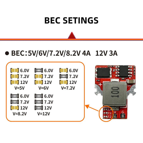 BEC settings for Beefy 70A Brushless RC ESC For 2-6S LiPo With 128KHz Control, showing voltage options from 5V to 12V.