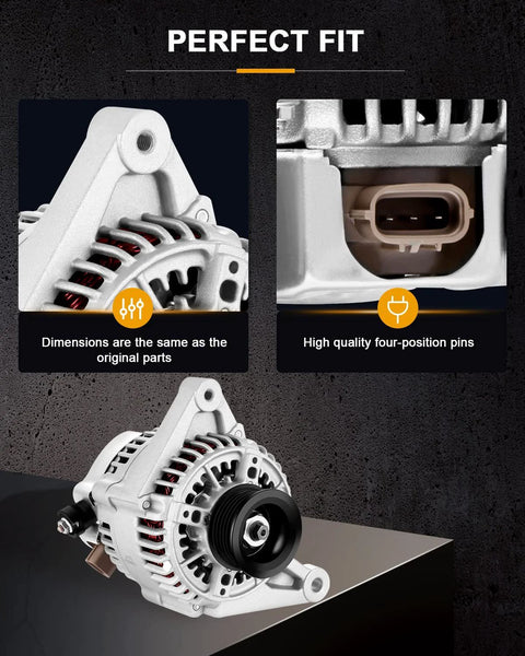 New Alternator Replacement For Pontiac Vibe 2003 2008 1.8L And Toyota Celica MR2 Corolla Matrix 2000 2008 1.8L L4 Engine Ready To Drop In High Output Auto Electrical Generator For Reliable Charging, featuring OEM-compatible dimensions and four-position pins.