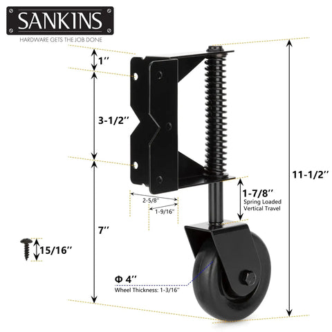 Spring Loaded Gate Caster For Wooden Gates And PVC Fences With 4 Inch Wheel, Heavy Duty Gate Wheel Caster with measurements.