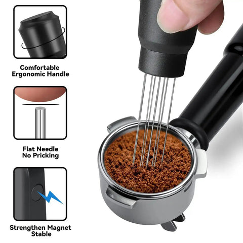 Magnetic WDT Tool For Espresso Machines With Aluminum Alloy Build, Blunt Polished Needles, Magnetic Storage On A Stand, Close-Up