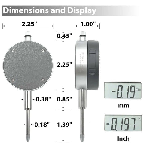 Digital Indicator With Dual Inch And Metric Conversion, 0 To 1 Inch Range, 25.4 Mm Readout, Extra Large LCD Display