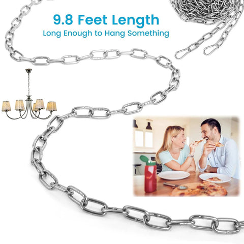 10 Feet Light Duty Stainless Steel Chain With 5 64th Inch Links displayed with dining scene and chandelier illustration.