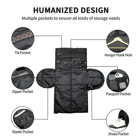 Rolling Garment Bag For Travel With Wheels Convertible Duffle Style Carry On Garment Bag illustrating multiple pockets for organization.