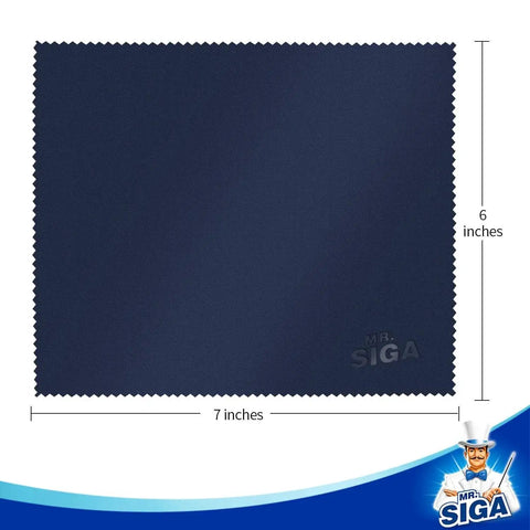 Premium Microfiber Cloths For Lenses Screens Glasses Six Pack 6 x 7 Inches, dark blue cloth with measurements visible