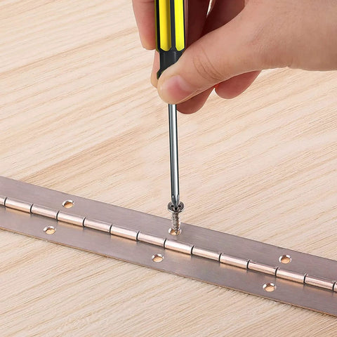 Piano hinge, 18-inch continuous stainless steel, being installed on wood with a screwdriver.
