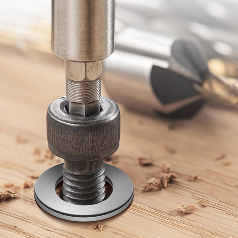 Flat washer (304 stainless steel) under a bolt and nut on a wooden workbench.