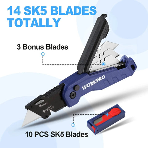 Folding Utility Knife With Quick Change Blades Aluminum Handle Box Cutter with bonus SK5 blades and blade storage box.