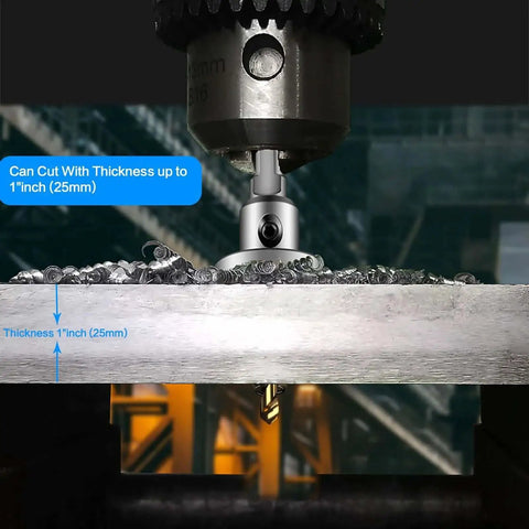 Workhorse 4 Piece Tungsten Carbide TCT Hole Saw Drill Bit Set With Sizes Three Quarters Inch, One Inch, One And A Quarter Inch, And Half Inch For Stainless Steel, Hard Metal, Plastic And Wood, 1 Inch Cut Depth, Detachable Pilot Bits And Allen Wrench cutting a metal sheet