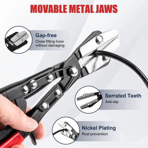 Close-up of Three Piece Ratchet Hose Pinch Off Pliers Set With 8 Inch 10 Inch And 12 Inch Locking Fuel Line Pliers, showing movable jaws.