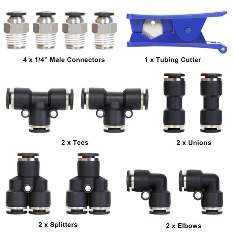 Hromee air tubing kit with 1/4 in PU tube; 14 pcs: 4x connectors, 2x tees, 2x unions, 2x splitters, 2x elbows, cutter