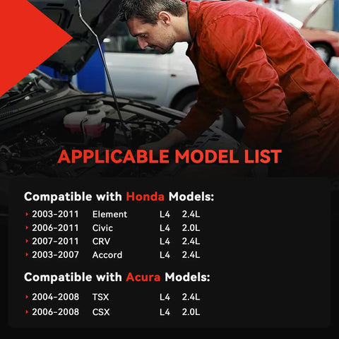 Mechanic working on car engine with list of Honda and Acura models for Heavy Duty Alternator Replacement For Honda And Acura Vehicles Fits Accord Civic CRV Element TSX CSX 2.0L And 2.4L Engines Includes 31100 RAA A01 And 104210 4732 Plug And Play Easy Bolt In Install Reliable Power Great Value For 2003 To 2011 Models