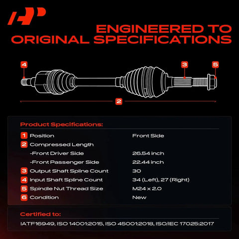 Diagram of Front CV Axle Shaft Assembly Pair For Chevrolet Equinox And GMC Terrain 2010 To 2016 2.4L L4, specs highlighted.