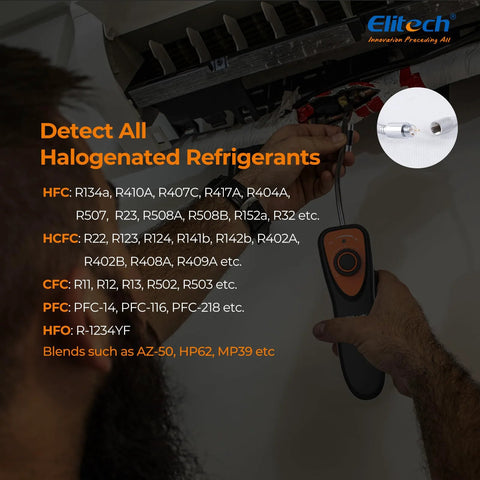 Elitech CLD-100 handheld refrigerant leak detector in orange and black used for halogenated refrigerants in automotive HVAC