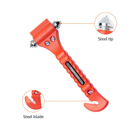 Emergency Car Escape Tool With Window Hammer And Seat Belt Cutter Two Pack Bright Orange Handle, featuring steel tip and blade for quick vehicle rescue.