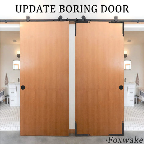 Sliding barn doors with Barn Door Corner Bracket Set 7 Point 7 Inch Matte Black Rustic L Brackets installed, bathroom view