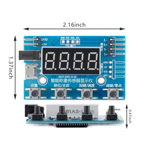 Front view of HX711 Digital Load Cell Module With Display 24 Bit Analog To Digital Weight Sensor Board for Arduino, dimensions shown