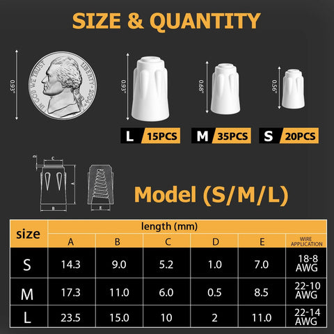 Ceramic wire nuts set, 70 pcs in S/M/L (20S/35M/15L) for 18-8 AWG, 22-10 AWG, 22-14 AWG high-temp wiring