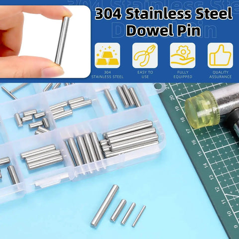 110 Piece Stainless Steel Dowel Pins Kit 2 To 5mm Assorted Diameters And 8 To 30mm Lengths for cabinets and woodworking with box.