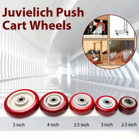Five assorted size Juvielich push cart wheels, red and gray, showcasing 5 inch to 2.5 inch sizes in a futuristic hallway setting.
