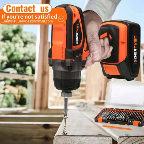 Person using ENERTWIST drill with All In One 112 Piece Drill Bit Set With One Quarter Inch Hex Shank for wood, with case visible.