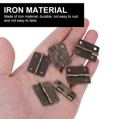 Hand holding 20 Pack Antique Copper Mini Hinges With Screws 1 Inch Rounded Corner Iron Hardware For Wooden Jewelry Boxes Bird Houses