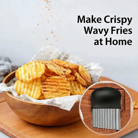 Crinkle Cut Potato Cutter And French Fry Slicer With A Durable Stainless Steel Blade For Kitchen And Cooking Delivers Uniform Ripple Style Fries And Decorative Veggie Chips Easy Grip Black 1 Piece next to a bowl of wavy fries.