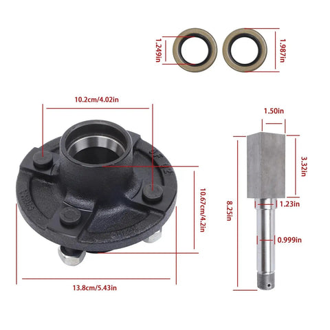Two Sets 4 On 4 Inch Trailer Hub Kit With 1 Inch Square BT8 Spindle And Complete Trailer Bearing Kit Including Inner And Outer Bearings L44643 L44610 Grease Seal Dust Cap Lug Nuts Spindle Nut Washer And Cotter Pin For Heavy Duty Towing, front view showing dimensions