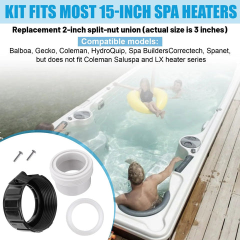 XT Hot Tub Heater split-nut union and tailpiece kit, 2-inch half-slip, black plastic ring with white adapters and screws