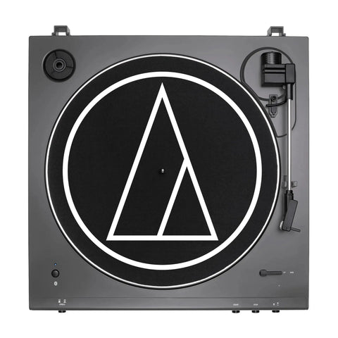 Top view of Fully Automatic Bluetooth Belt Drive Turntable With AptX, modern design, in Gun Metal Black Finish for vinyl playback