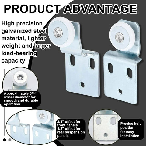 Image of 4 Pack Sliding Closet Door Roller Kit With Screws For Top Hung Bypass Wardrobe Doors, featuring durable galvanized steel rollers and precise hole placement for installation.