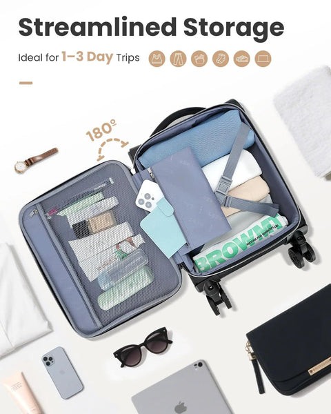 Open Underseat Carry On Luggage For Women 16 Inch Softside Rolling Bag with organized compartments for travel essentials