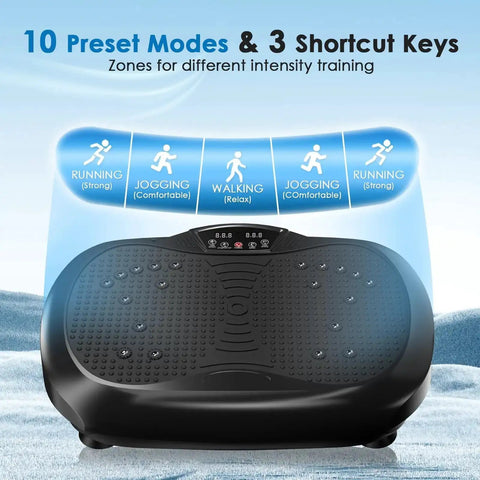 Black vibration plate exercise machine for whole body workout and weight loss at home, featuring 10 preset modes and 3 shortcut keys.