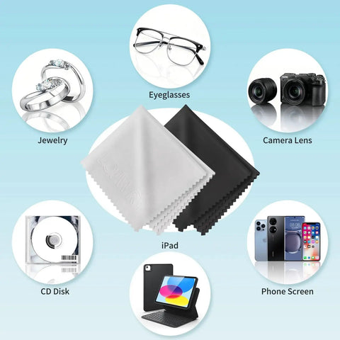 Ultra Soft Microfiber Cleaning Cloths For Glasses And Screens Six Pack Premium shown with use cases: jewelry, cameras, screens.