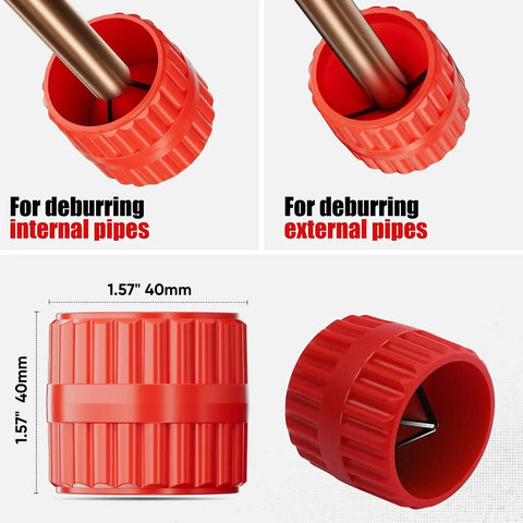 Pro Grade Heavy Duty 4-Piece Tubing Cutter Set For Copper Aluminum Stainless Steel And PVC From One Quarter To Two Inch Outside Diameter Plus A Mini Cutter For One Eighth To Seven Eighths Inch OD With Deburring Tool And Pipe Reamer shown with red plastic deburring tool for pipes
