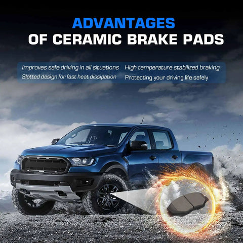 Ceramic brake pads advertisement; side view of blue pickup truck with brake pad graphic.