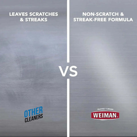 Comparison of stainless steel cleaners; left shows scratches, right shows streak-free finish with Stainless Steel Cleaner And Polish Spray Aerosol 2 Pack For Appliances, Chrome And Sinks, Anti Fingerprint Formula, No Streaks Or Residue, Removes Grease And Water Spots, Safe On Metal Surfaces, Includes Cloth For Easy No Fuss Shine