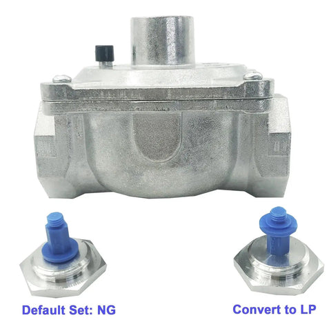 Natural Gas Regulator With Three Quarters Inch FNPT Inlet And Outlet, One Half PSI Inlet Pressure, front view with NG and LP adapters