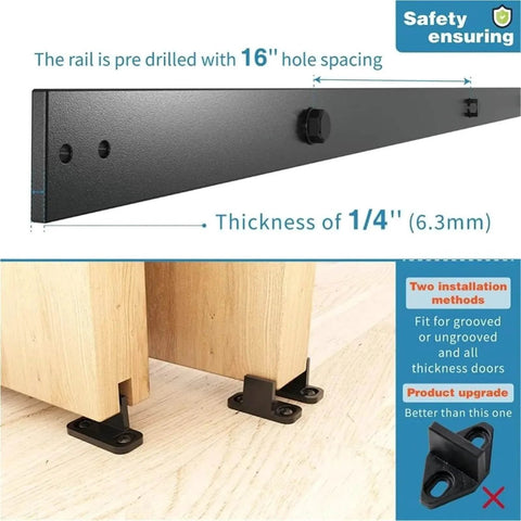 Five Foot Single Track Barn Door Hardware Kit for Double Wooden Doors With Flat Track Rollers Low Ceiling Friendly Smooth Quiet Sliding System For Home Or Office Use 5 Ft Track Kit showing installation and rail details