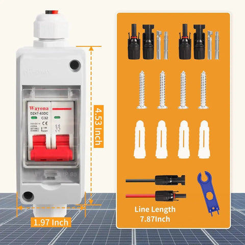 Front view of DC 500V Solar Panel Disconnect Switch 32A IP65 Waterproof Miniature Circuit Breaker Box with installation accessories.